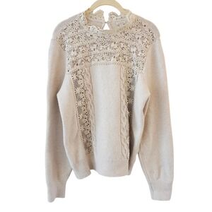 Hinge Lace Yoke‎ Feminine Sweater Womens Size S Boho Romantic Ivory Coquette